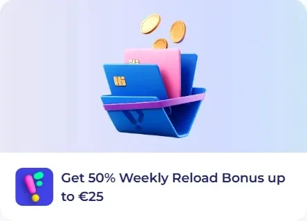 FunID Casino promotional banner: 50% weekly reload bonus up to €25