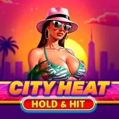 City Heat Hold & Hit slot game with a woman in a bikini and city skyline
