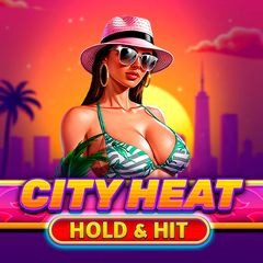 Atrakce v bikinách na pozadí západu slunce ve městě, nápis City Heat Hold & Hit